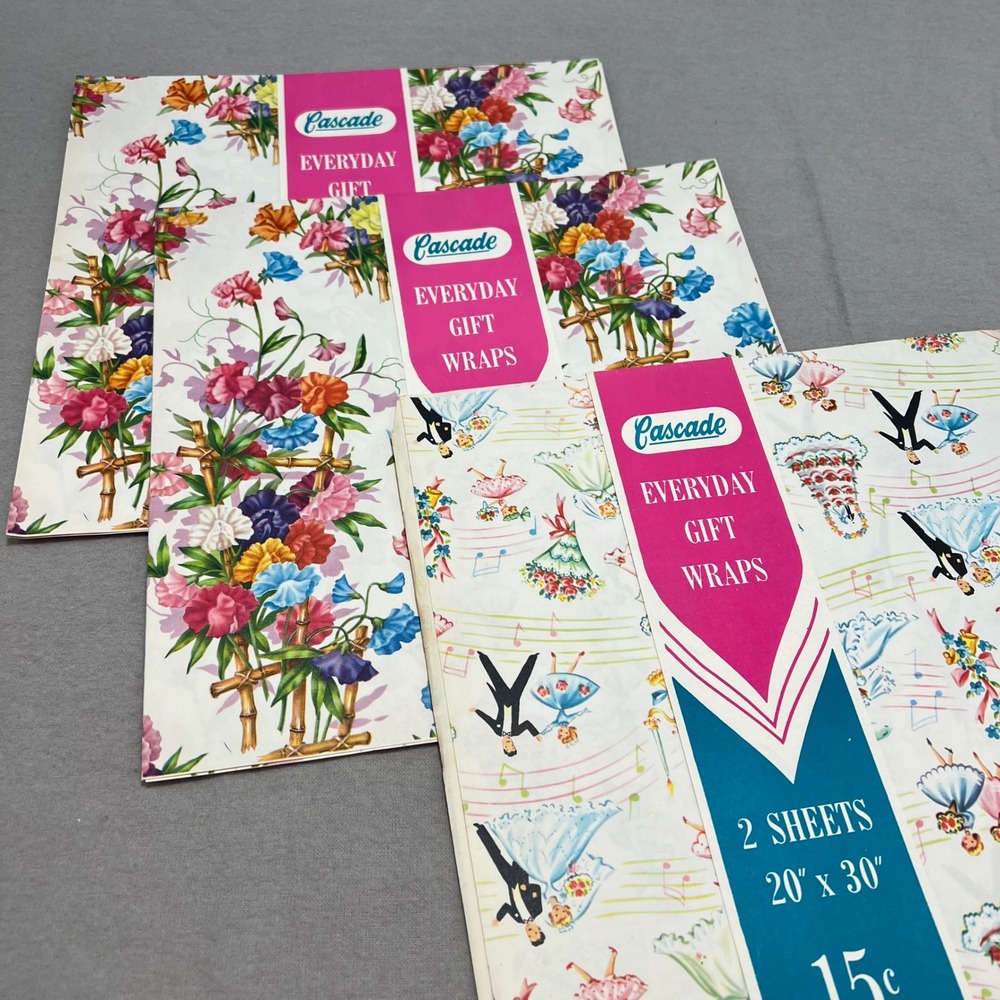 Cascade Vintage Gift Wrap Flat Folds Floral Wedding Mid Century Ephemera 5-20x30